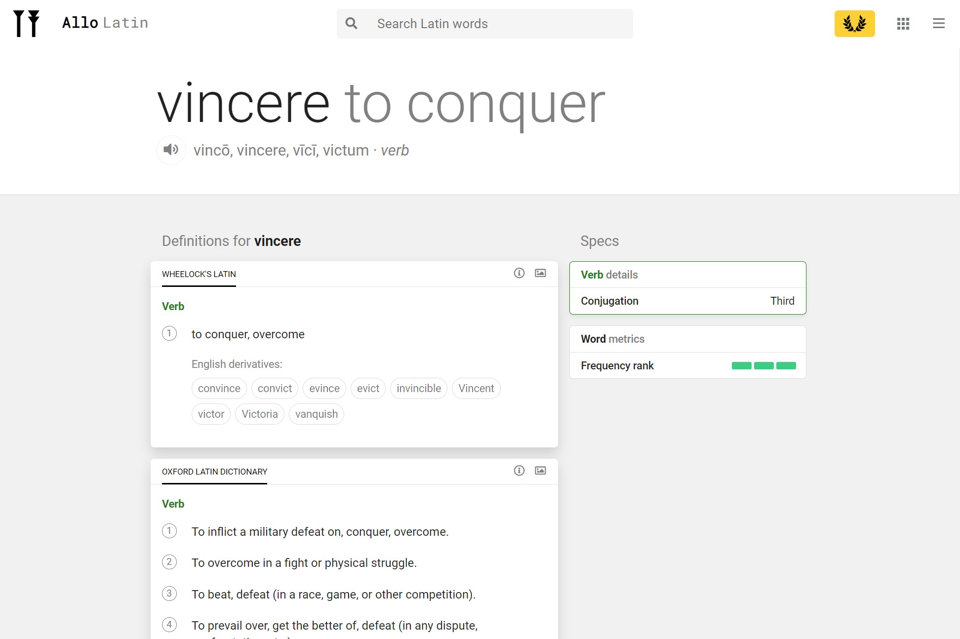Screenshot of Allo Latin dictionary entry for 'vincere'